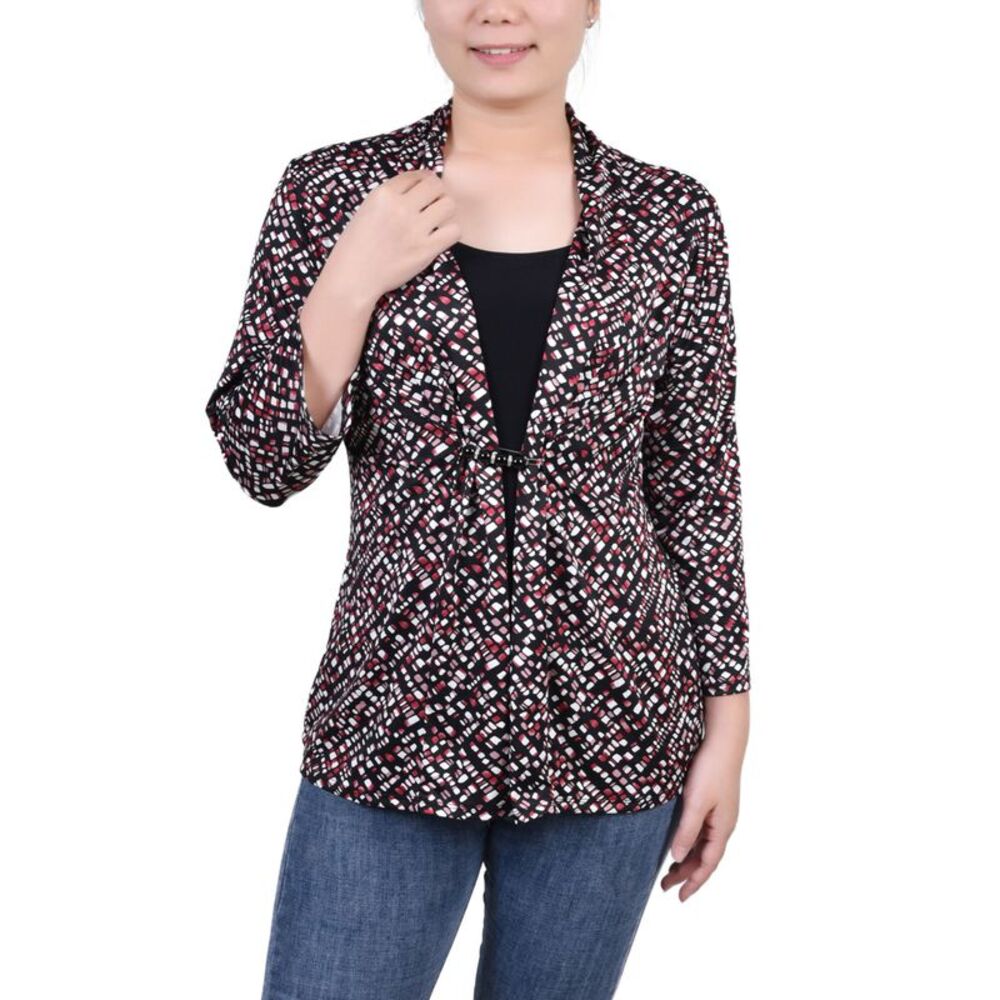 NY Collection Petite 3/4 Sleeve Two Fer Top